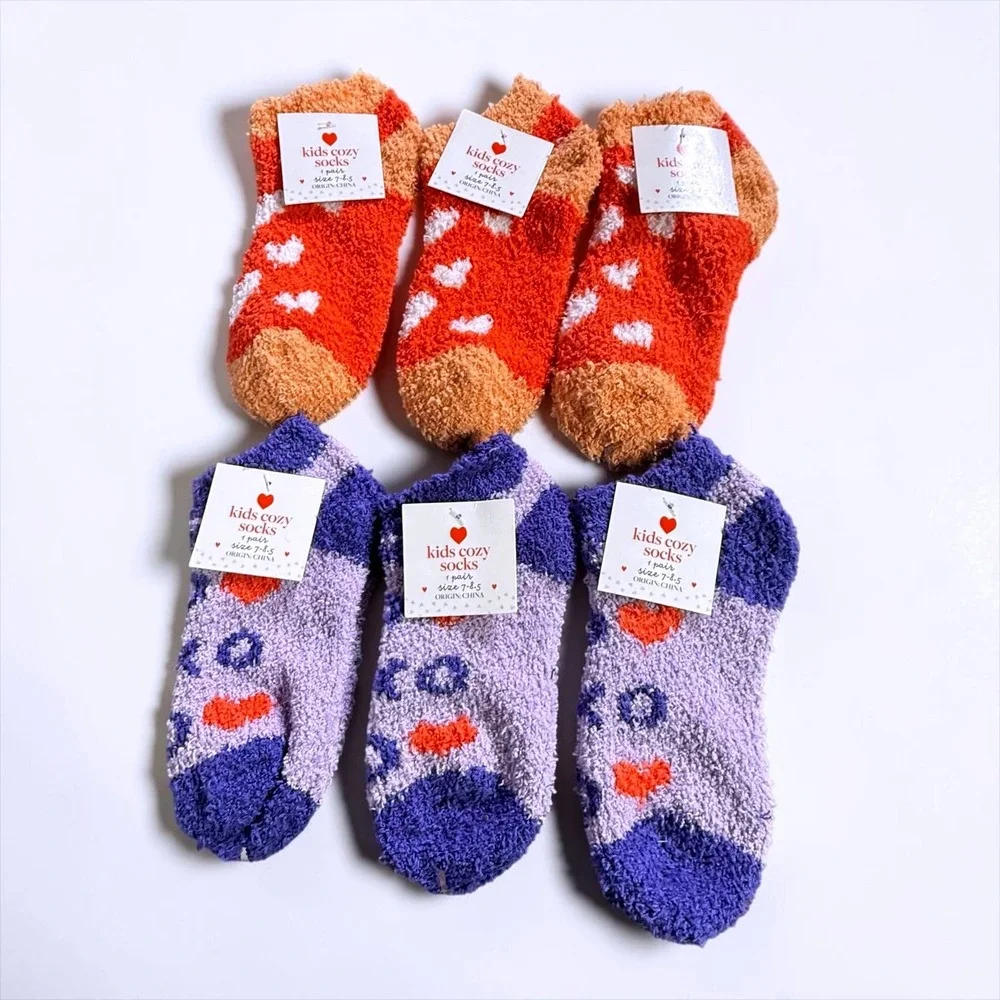 Kids Cozy Fuzzy Socks 6 Pair Bundle Hearts XO Purple Orange Red Size 7-8.5 NEW